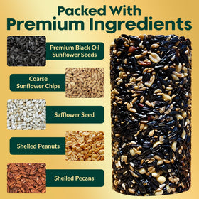 Flockin' seed cylinder ingredients-blend showcases premium mix for diverse backyard birds.