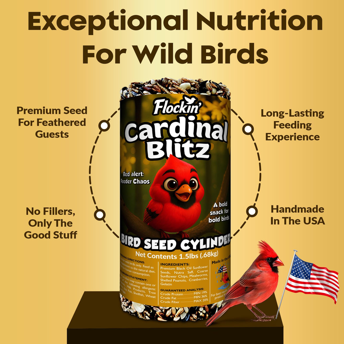 Flockin seed cylinder on rod feeder for easy snacking.