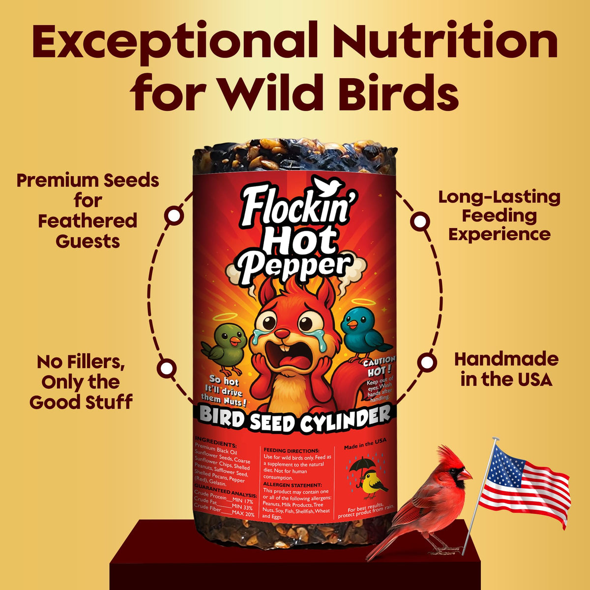 Flockin squirrel-proof seed cylinder promotes tidy feeding while inviting woodpeckers and finches.