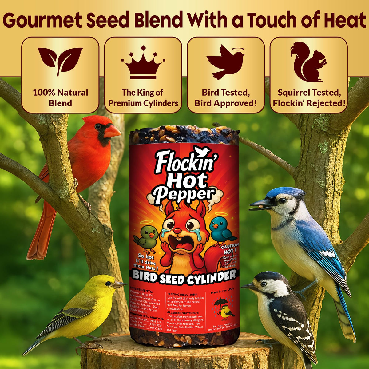 Flockin hot pepper blend with roasted seeds boosts backyard birdwatching.