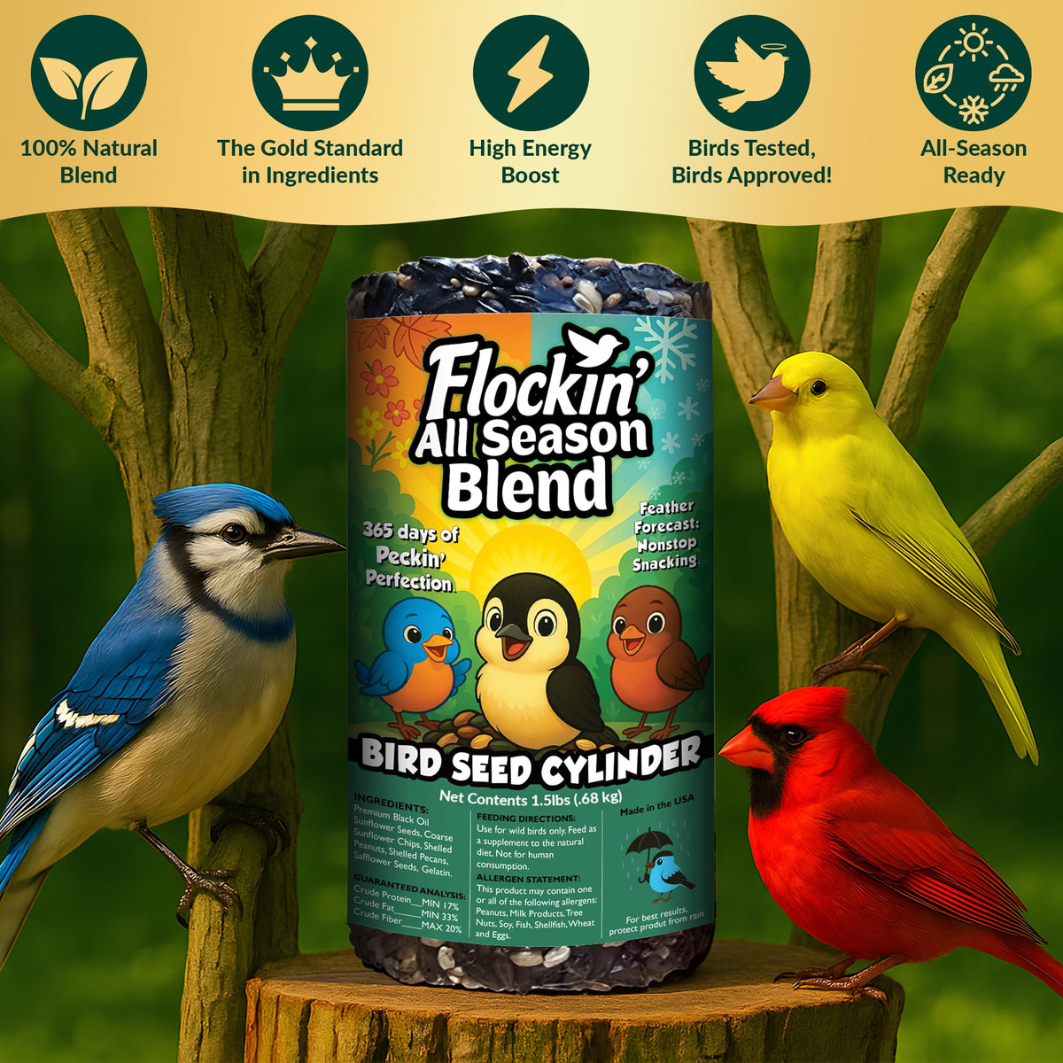 Flockin' usa-made-bird-food ensures steady nutrition for backyard birds.
