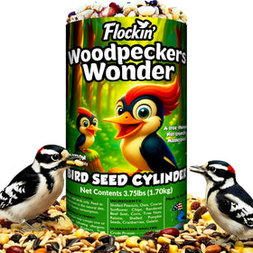 Flockin' Woodpecker seed cylinder with hole in feeder for steady bird activity