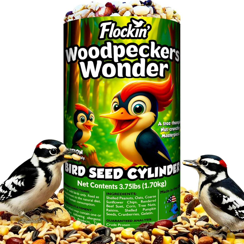 Flockin' Woodpecker seed cylinder with hole in feeder for steady bird activity
