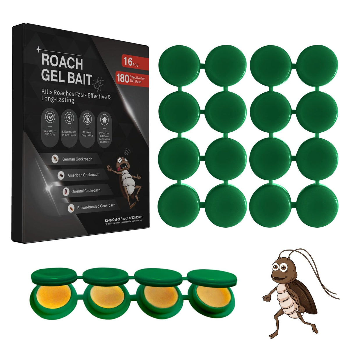 FLODTEEK roach gel bait pack shown for discreet, long-lasting indoor pest control.