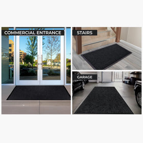 FloorGuard charcoal mat demonstrates dirt-hiding capability in a work area.