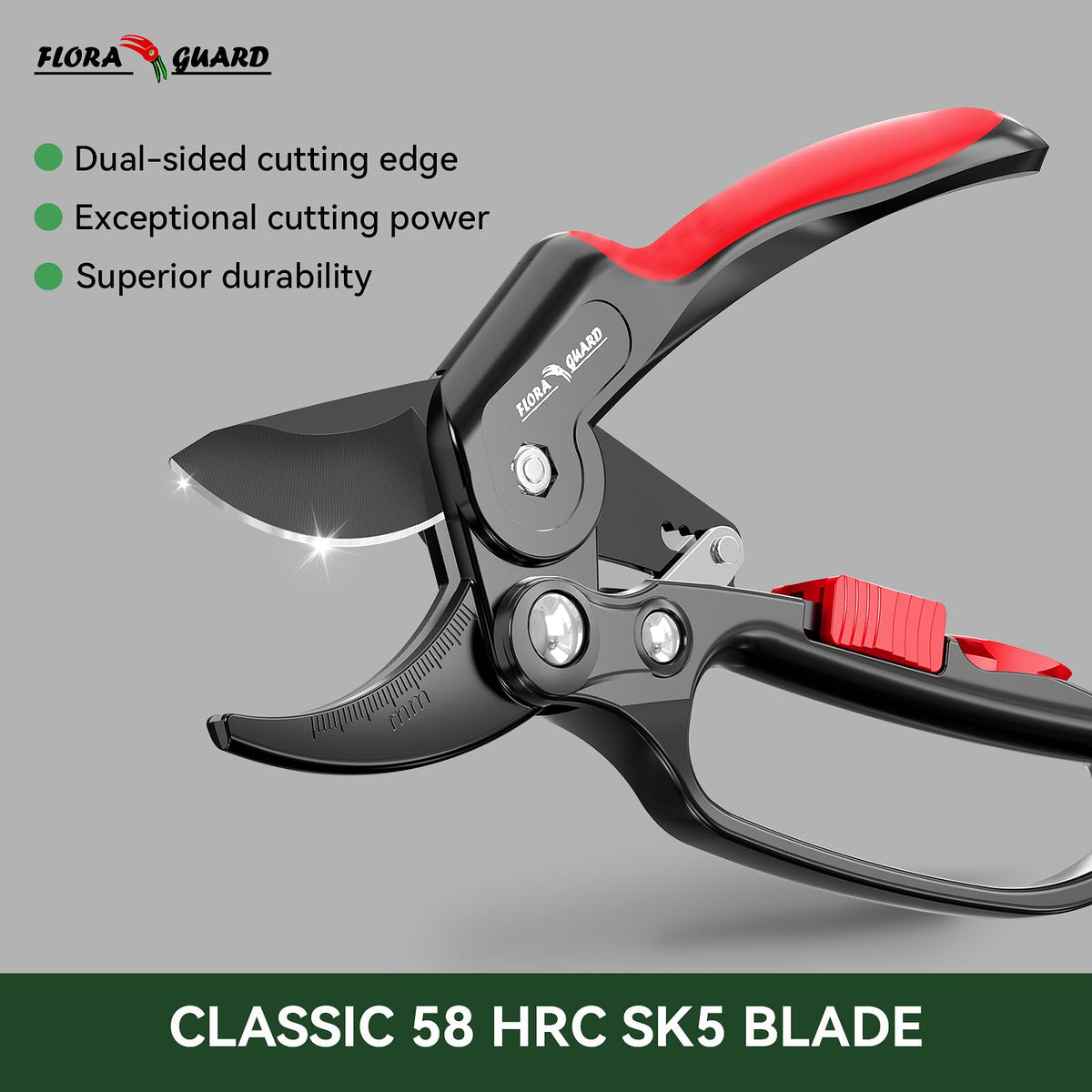 Flora Guard ratchet pruning shears aluminum handle for durable stability.