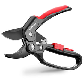 Flora Guard ratchet pruning shears blade close-up for precise cuts.