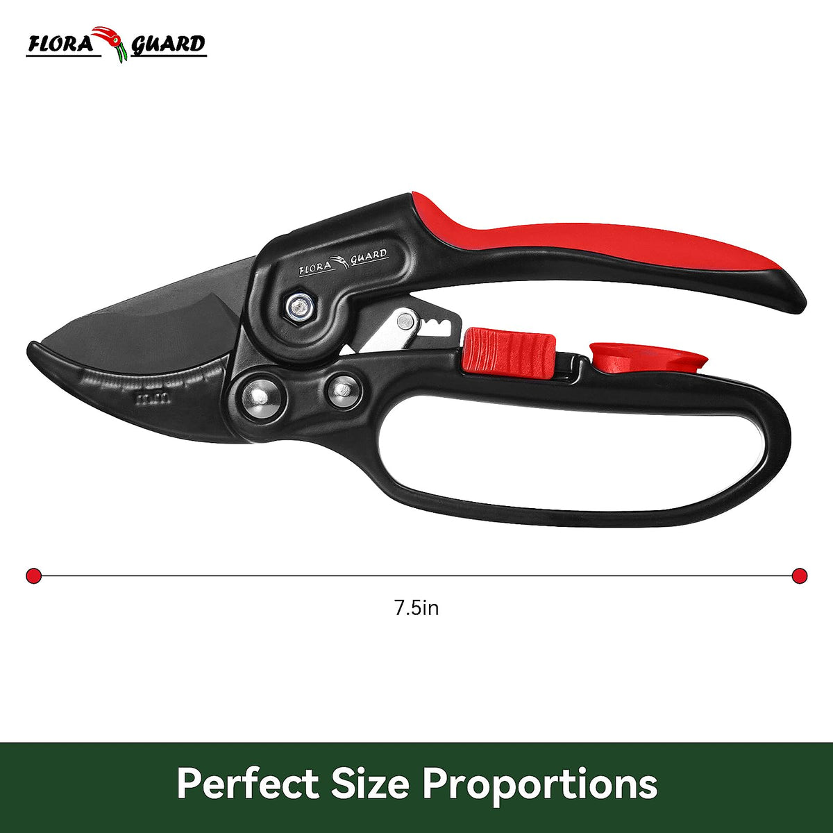 Flora Guard ratchet pruning shears garden action for efficient trimming.
