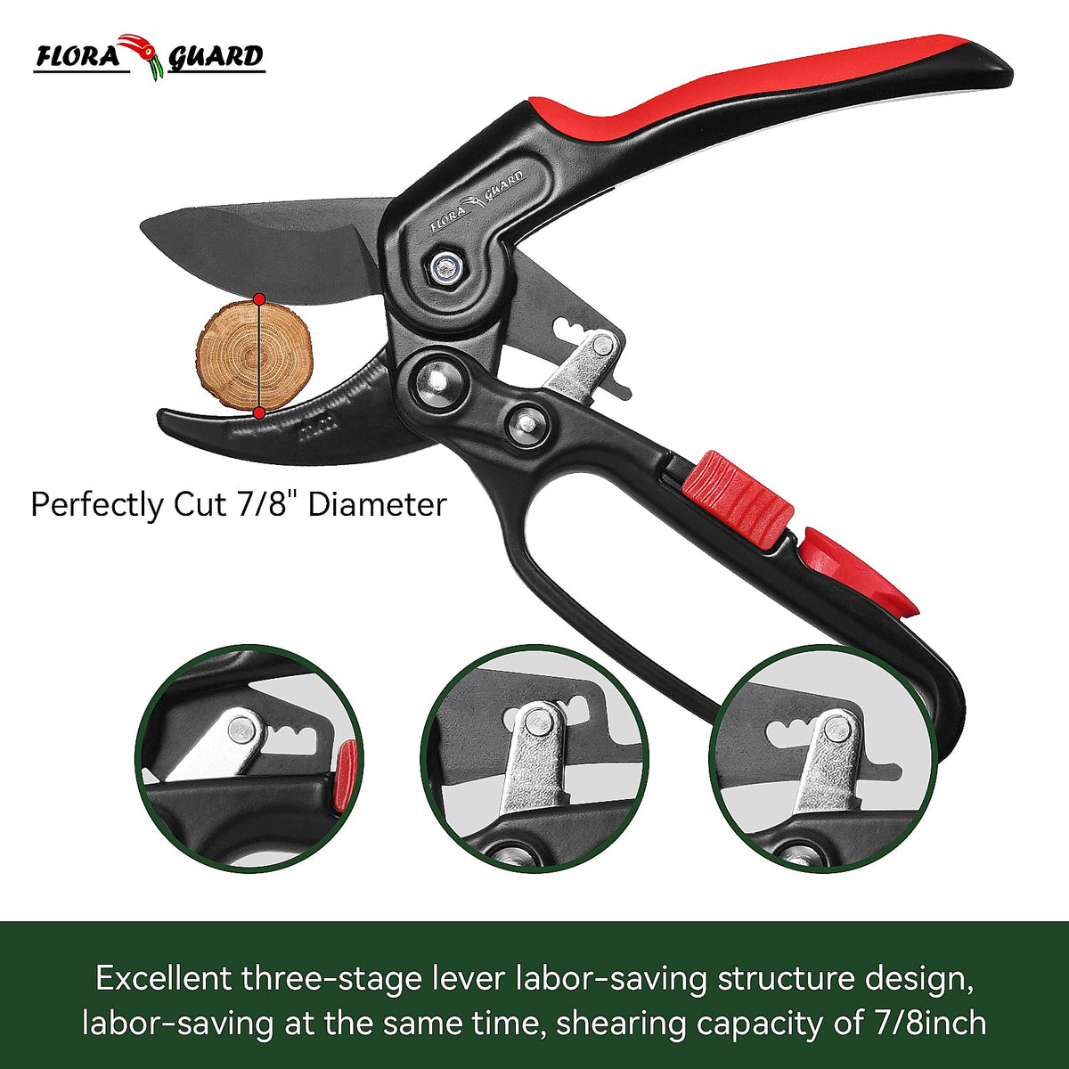 Flora Guard ratchet pruning shears ergonomic handle for comfortable grip.