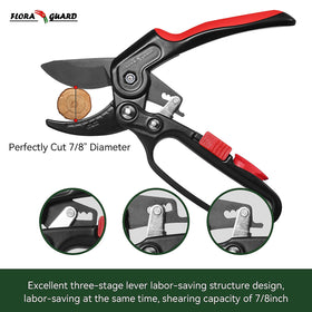 Flora Guard ratchet pruning shears ergonomic handle for comfortable grip.