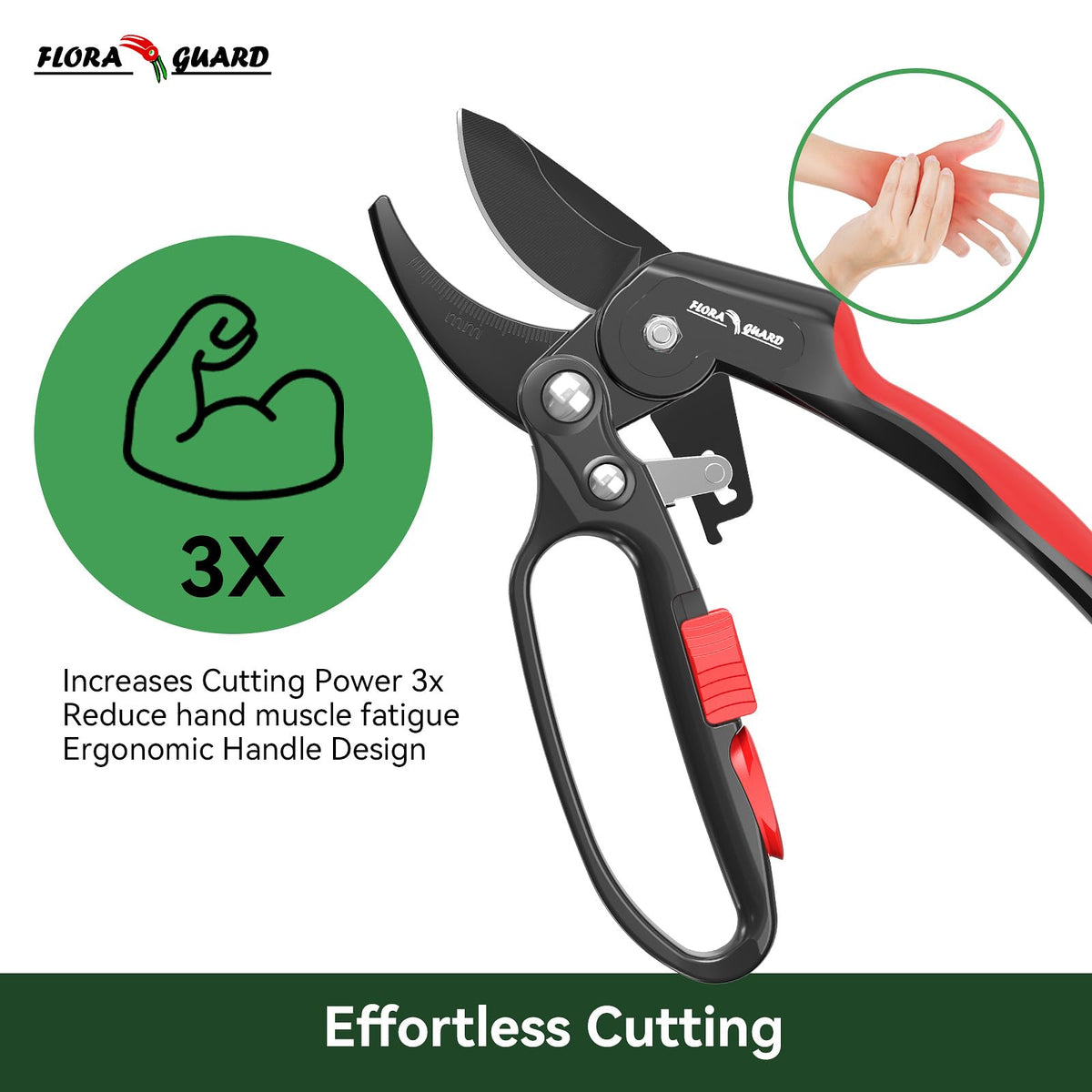 Flora Guard ratchet pruning shears three-stage mechanism reduces effort.