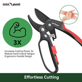 Flora Guard ratchet pruning shears three-stage mechanism reduces effort.