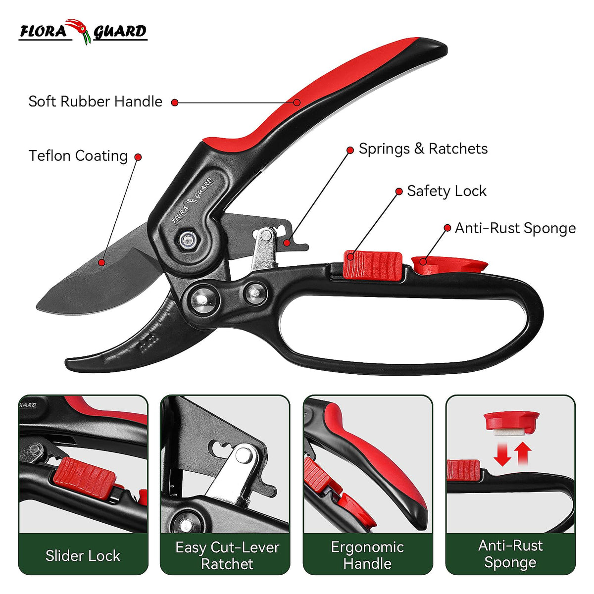 Flora Guard ratchet pruning shears suitable for weak hands and arthritis-friendly grip.