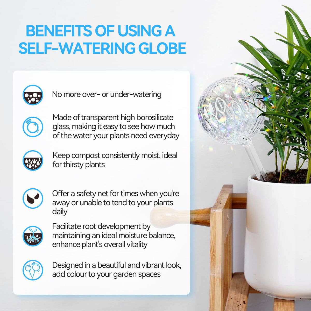 FLORA GUARD transparent water level globes in use provide consistent watering.