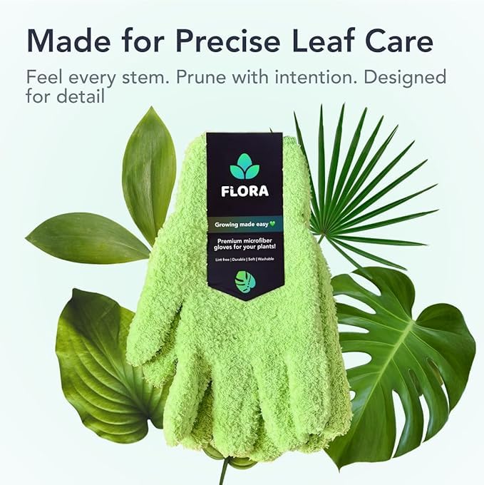 Flora Microfiber Gloves cleaning a Monstera leaf with a gentle touch.