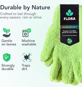 Flora Microfiber Dusting Gloves use no sprays for clean, mess-free leaves.