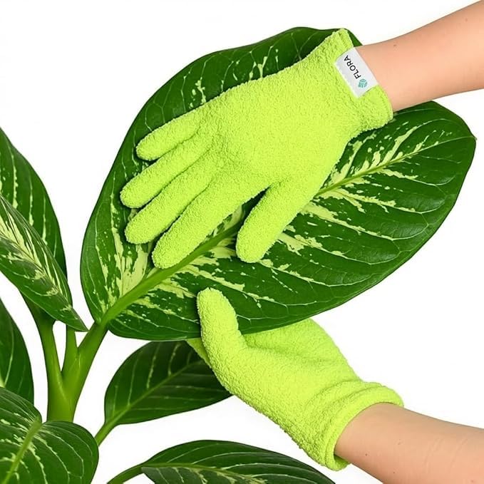 Flora Microfiber Dusting Gloves gently clean a leaf for a brighter look.