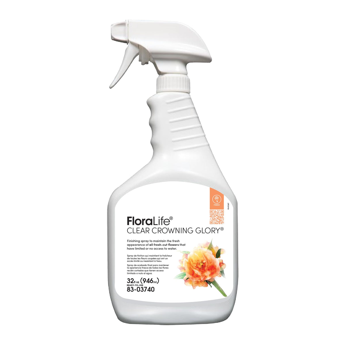 FloraLife Clear Crowning Glory spray bottle applied to fresh-cut flowers for lasting vibrancy.