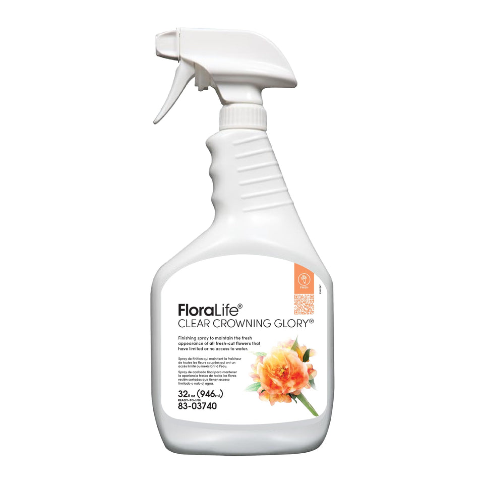 FloraLife Clear Crowning Glory spray bottle applied to fresh-cut flowers for lasting vibrancy.