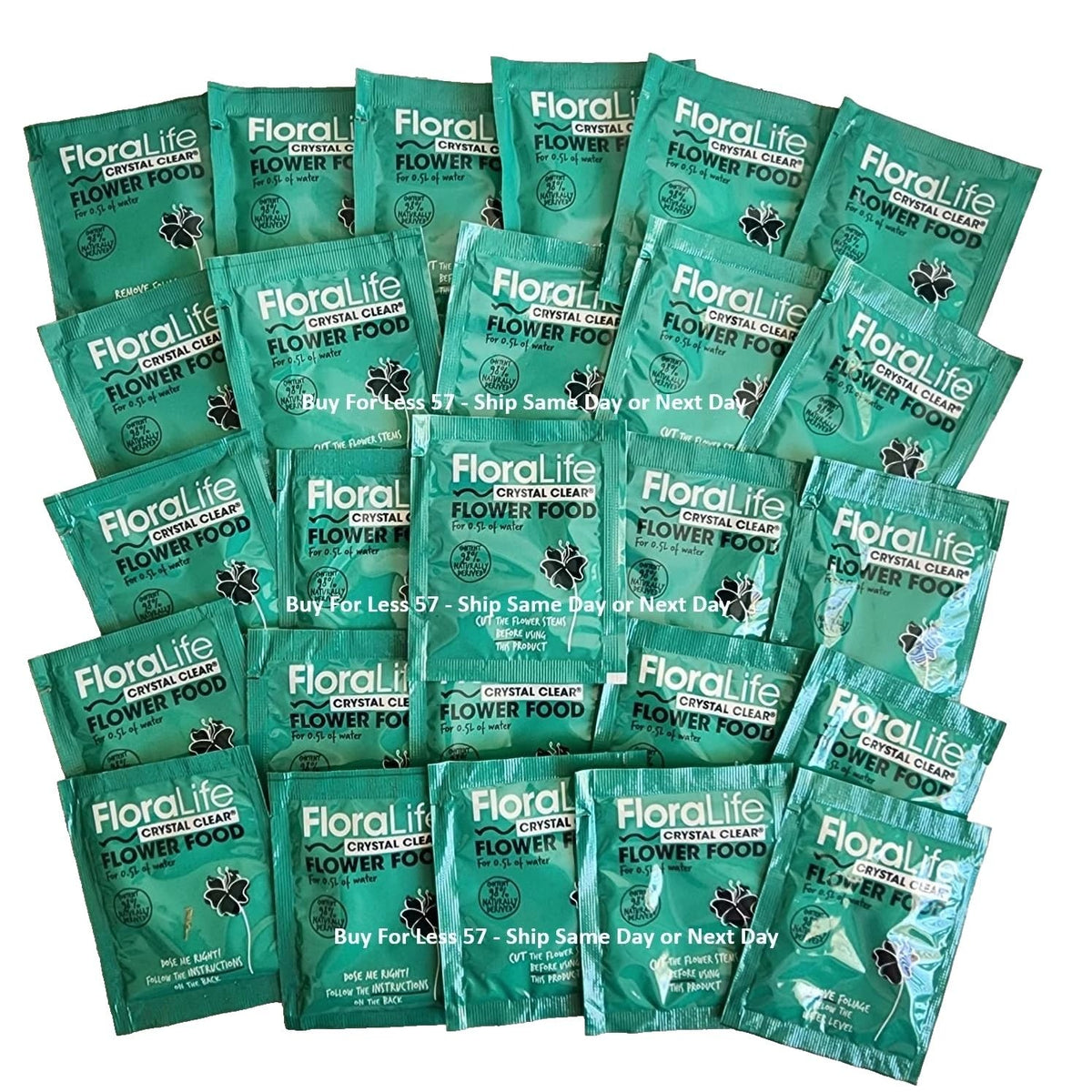 Floralife crystal clear powder 5g packets dissolve to nourish blooms.