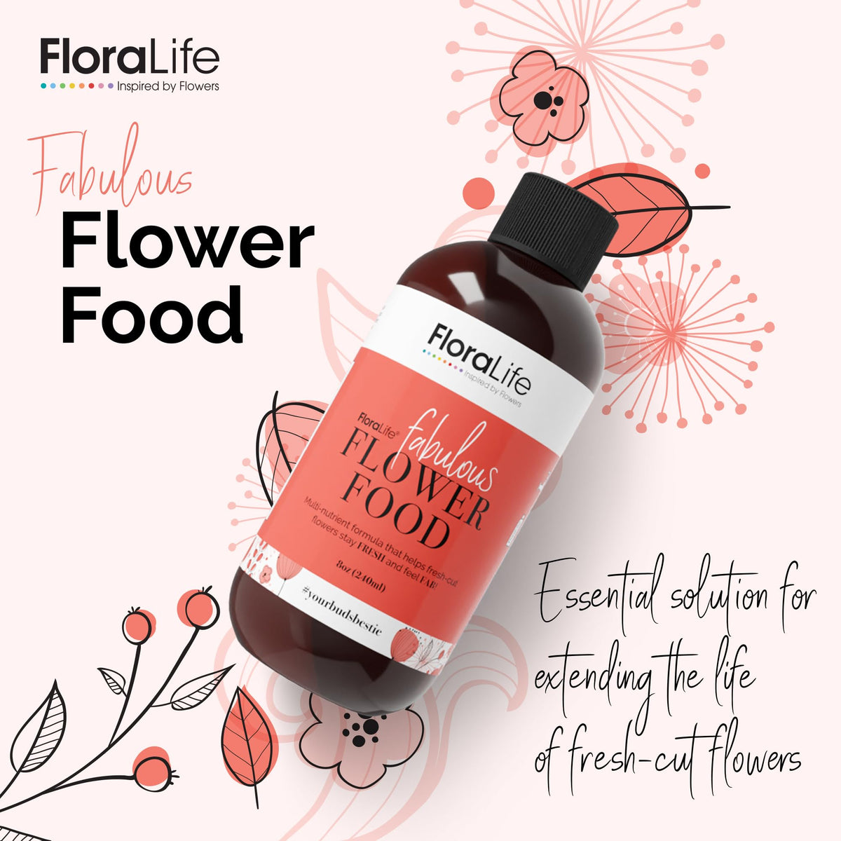 FloraLife bottle pouring solution into vase for hydrated, vibrant blooms.
