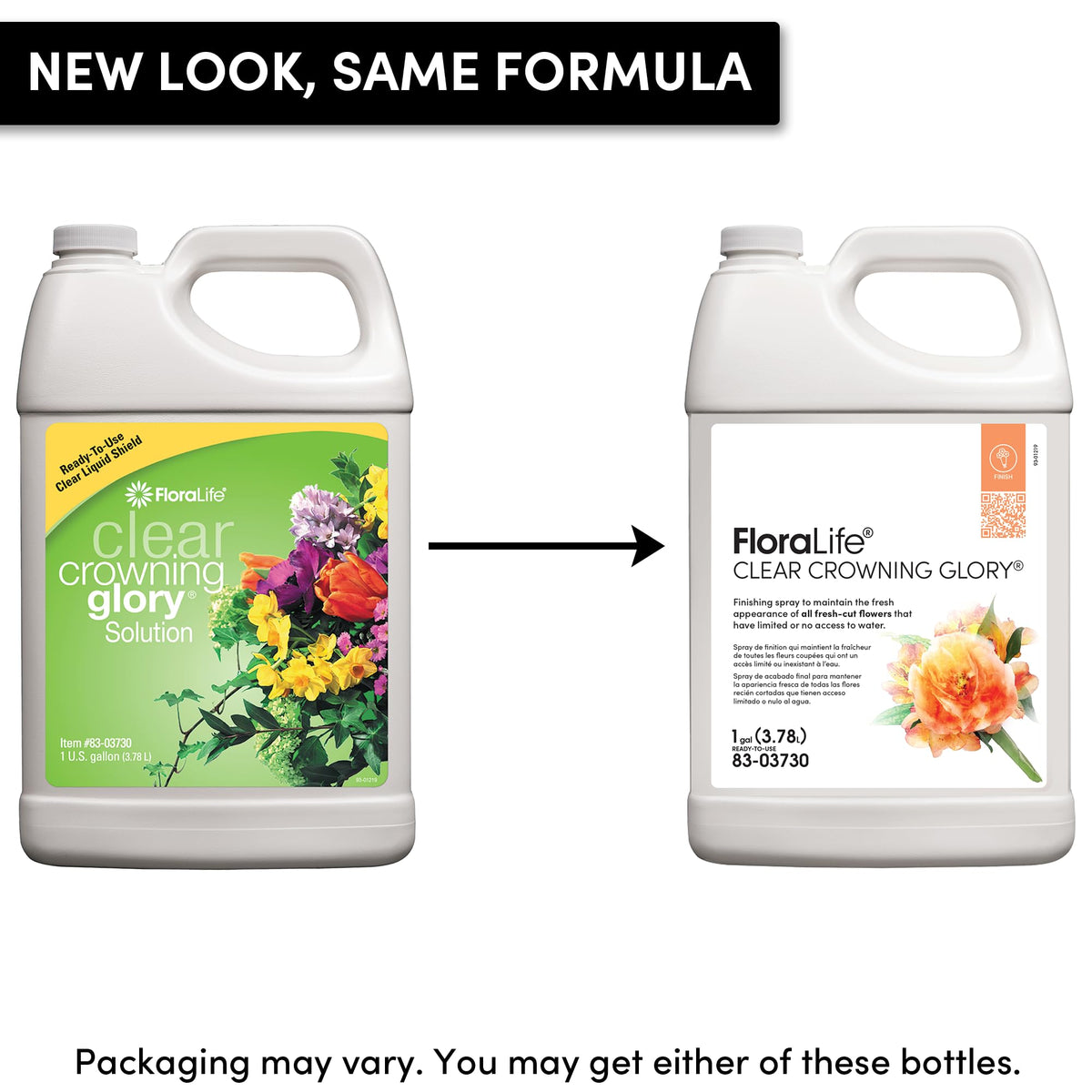 FloraLife Clear Crowning Glory gallon packaging shows a moisture-preserving finish for bouquets.