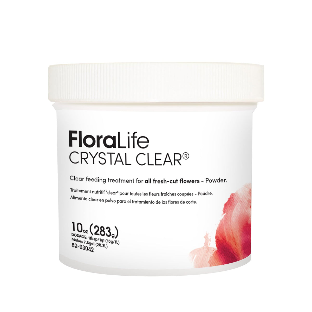 FloraLife Crystal Clear powder bottle for easy dissolution and fresh bouquets.