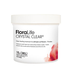 FloraLife Crystal Clear powder bottle for easy dissolution and fresh bouquets.