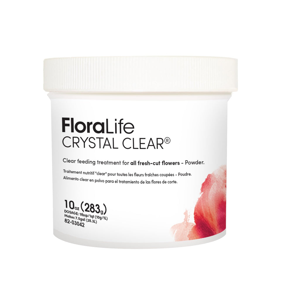 FloraLife Crystal Clear powder bottle for easy dissolution and fresh bouquets.