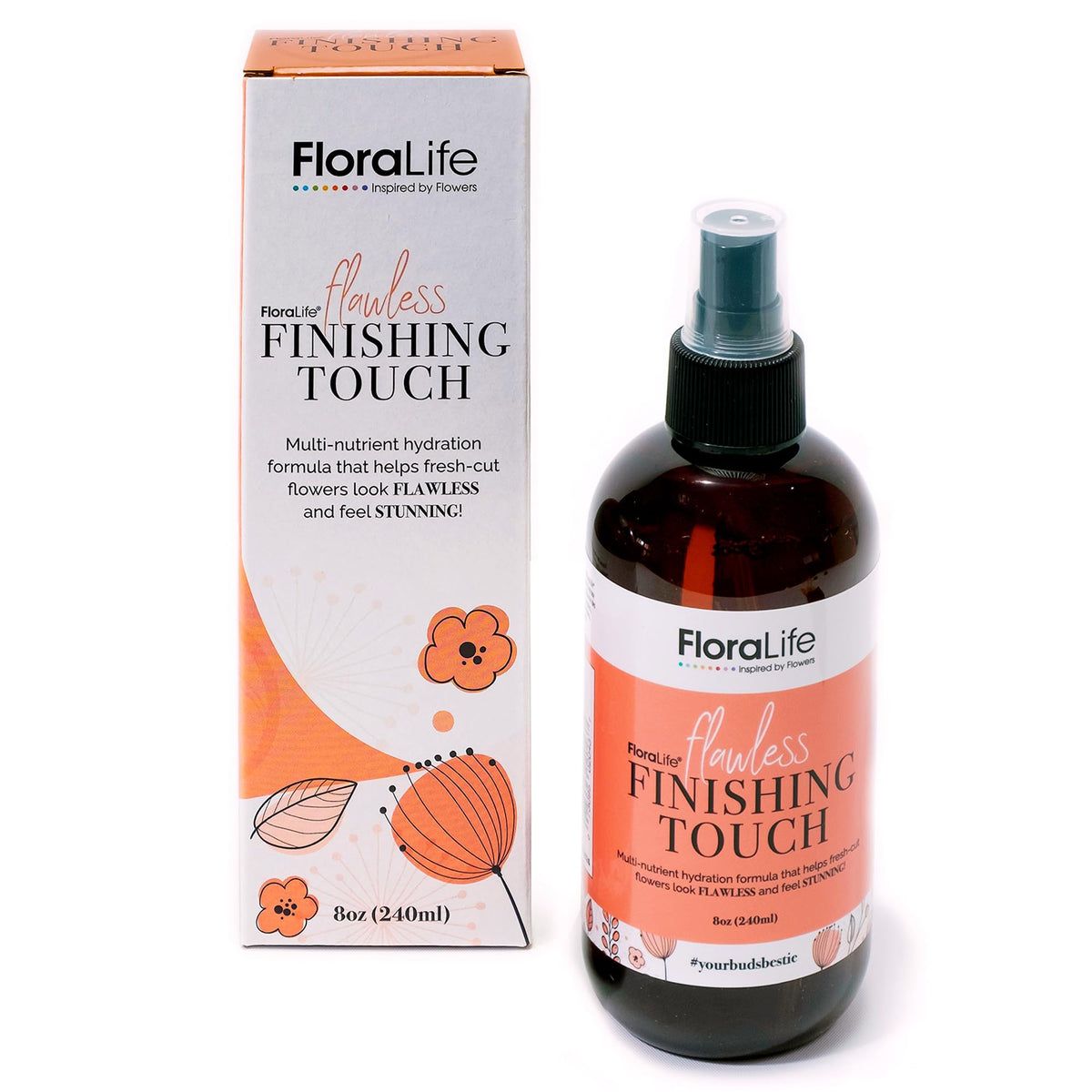 FloraLife Finishing Touch bottle pour hydrates cut stems for lasting freshness