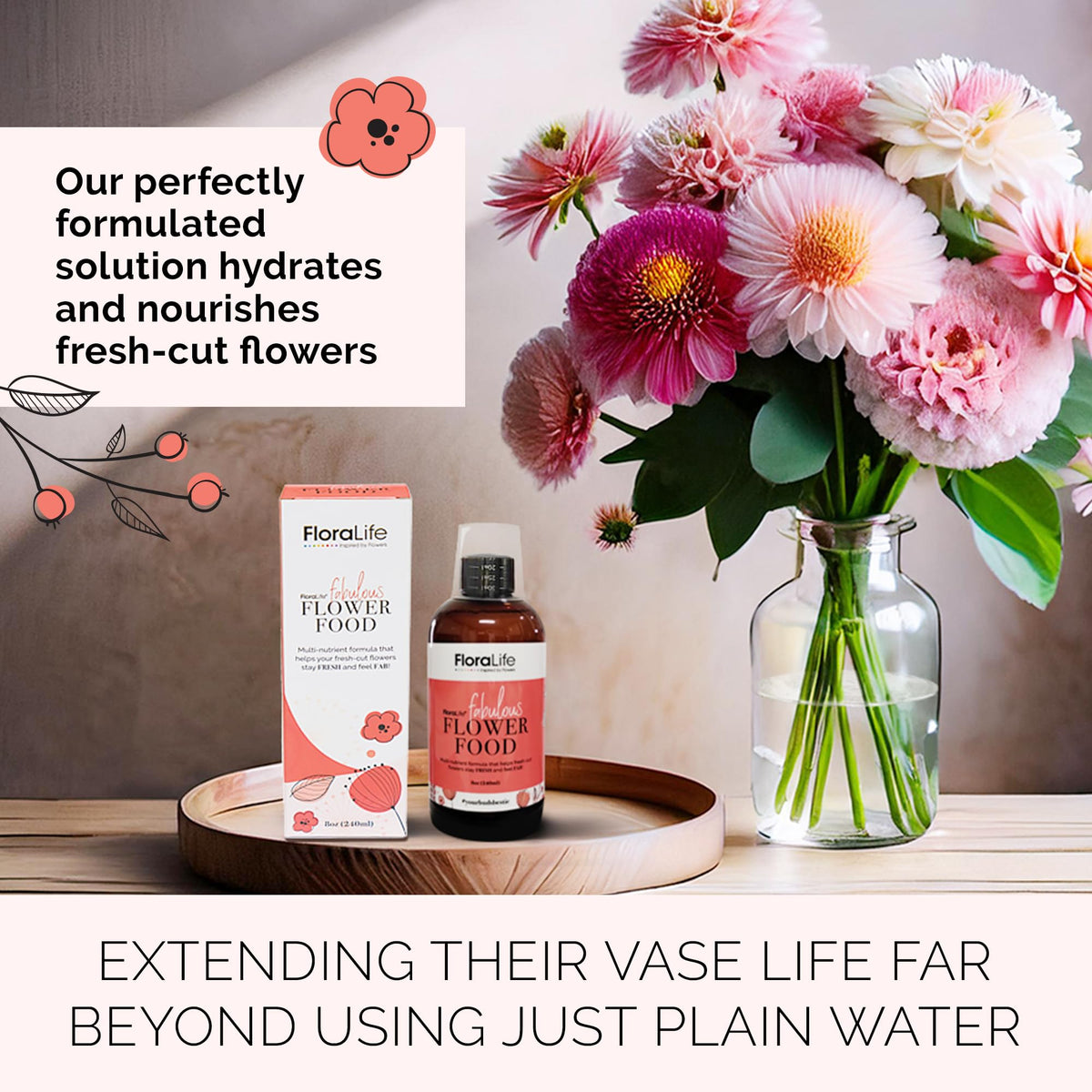 FloraLife in a vase with flowers showcases extended freshness and beauty.