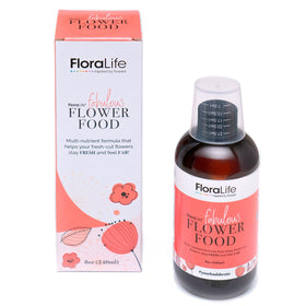 FloraLife fresh-cut flower food bottle on display helps extend vase life.