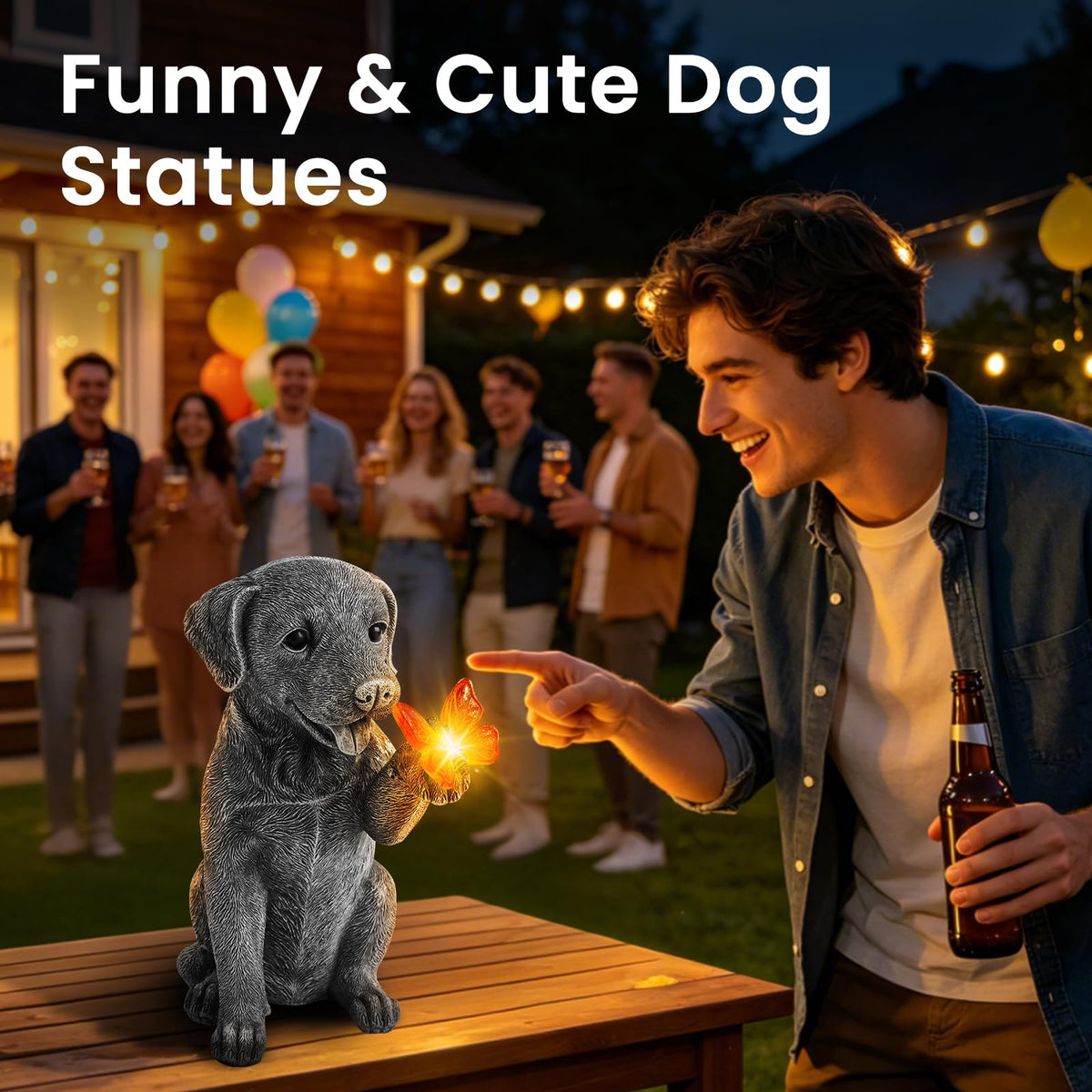 FloraSea garden dog statue among plants adding charming outdoor decor.