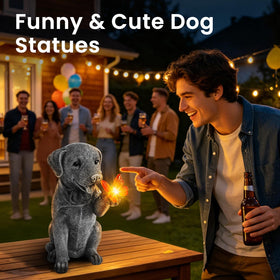 FloraSea garden dog statue among plants adding charming outdoor decor.