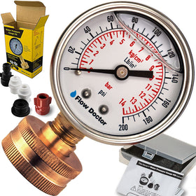 Flow Doctor water pressure gauge kit with dual dials for precise readings indoors and outdoors.