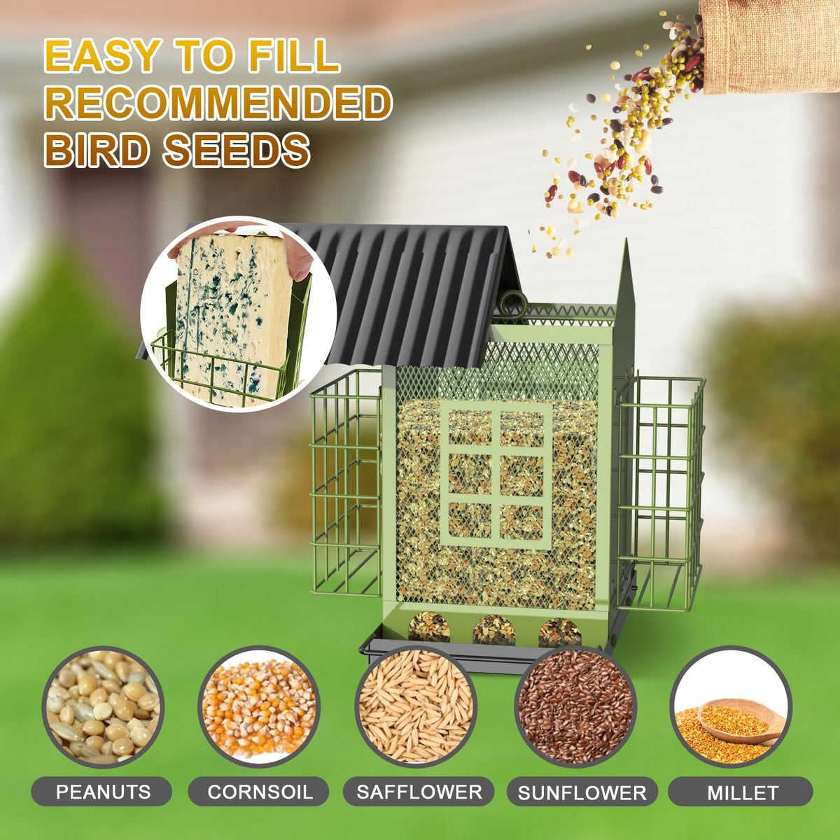 FlowaFoli easy-clean roofed feeder for quick refills.