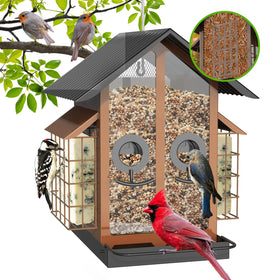 FlowaFoli outdoor bird feeder with metal roof protects seeds in all weather