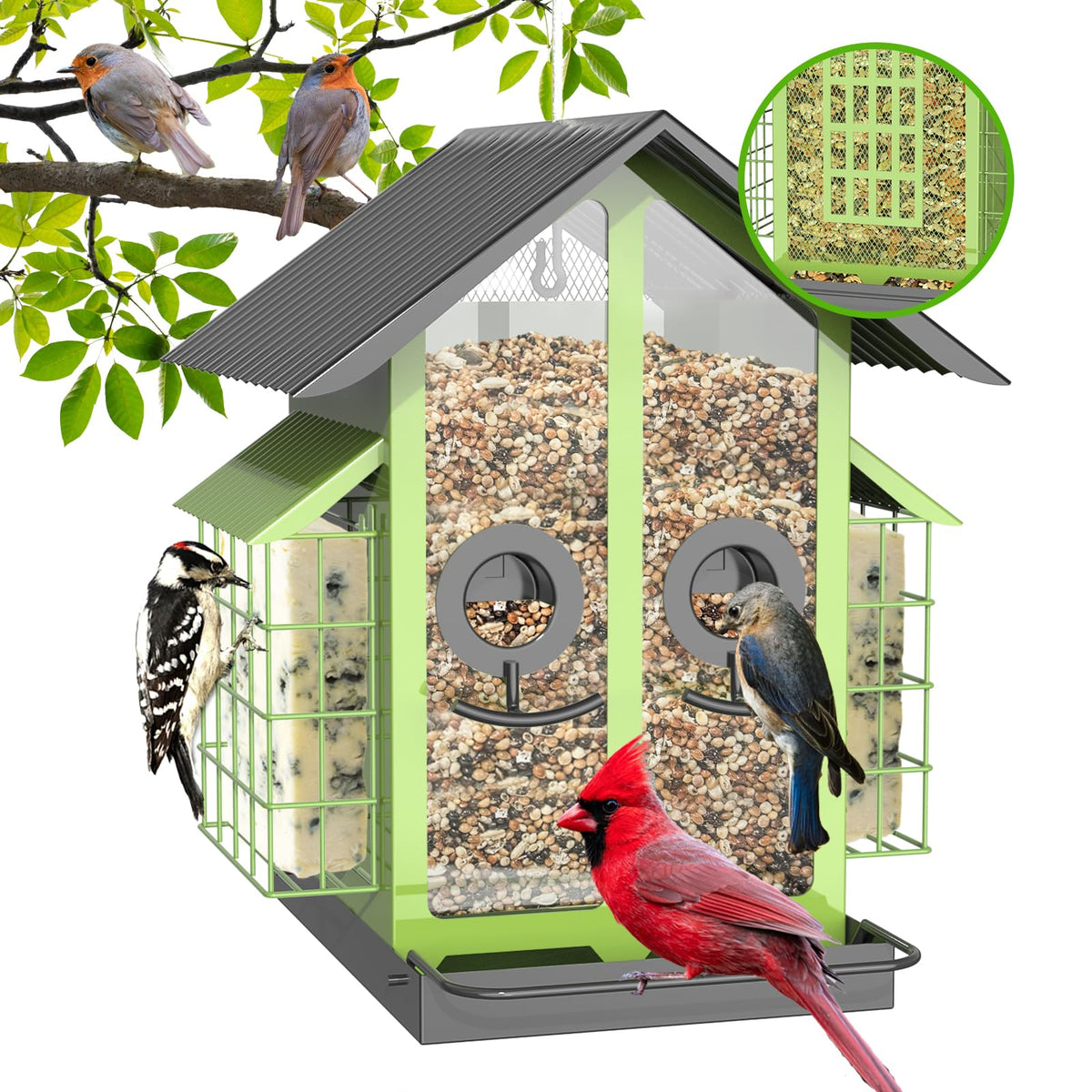 FlowaFoli bird feeder outdoors with sturdy metal housing for year-round birds.
