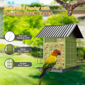 FlowaFoli weatherproof metal feeder protects seeds in rain and wind.