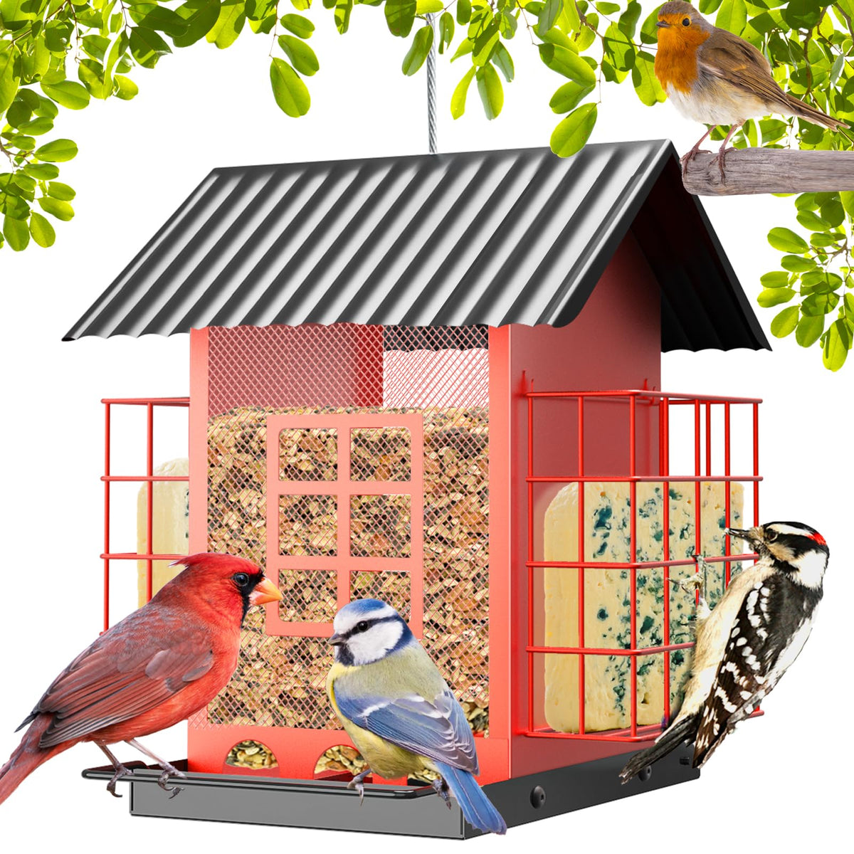 FlowaFoli outdoor bird feeder with double suet cage attracts diverse backyard birds.