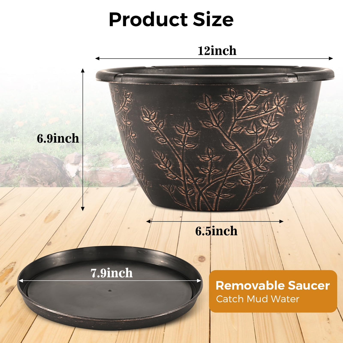 Flowyypo 12-inch pot with saucer tray keeps surfaces clean.