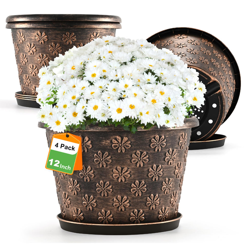Flowyypo 12-Inch Planter with embossed flower pattern for stylish home decor.