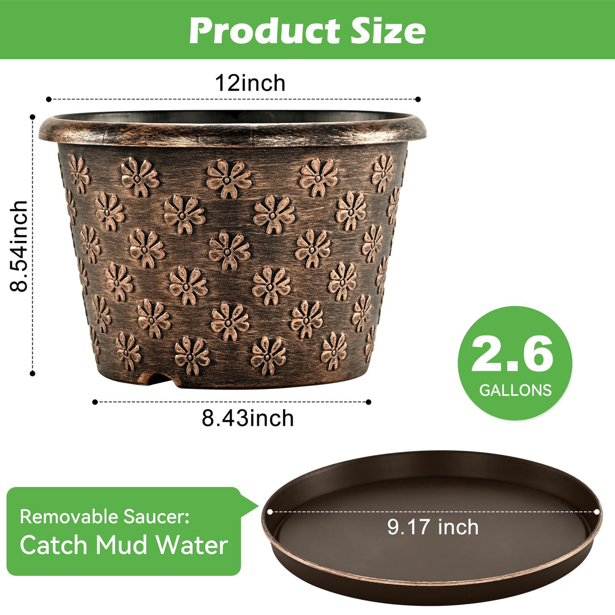 Flowyypo 12-inch planter made from sturdy weather- and UV-resistant plastic.