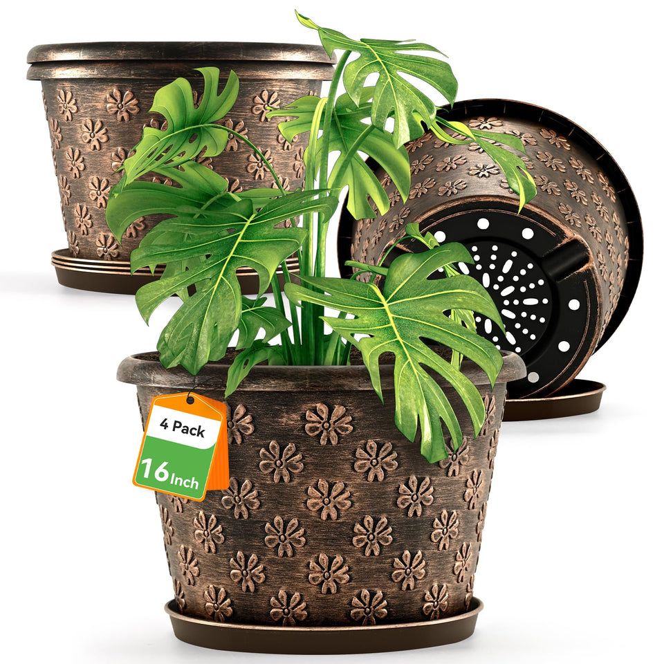 Flowyypo 16-inch planter with embossed flower pattern enhances decor and display