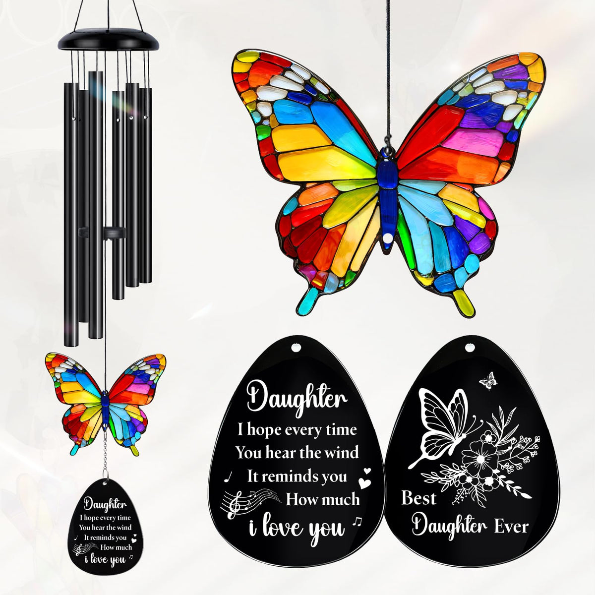 Flpoxzd daughter wind chime with butterfly sun catcher sparkles in sun, adding color and charm.
