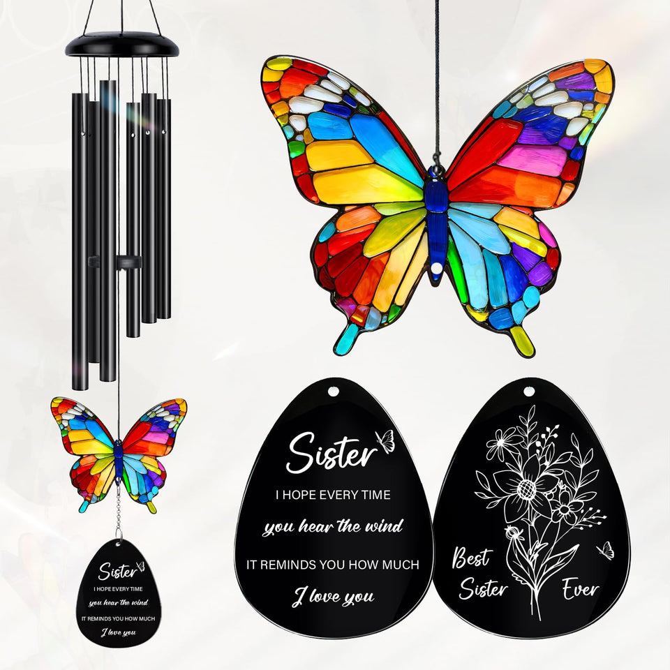 Flpoxzd sister wind chime with butterfly sun catcher sparkling in sunlight.