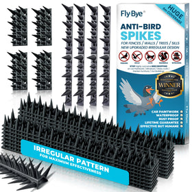Fly-Bye anti bird spikes on fence closeup deter pigeons effectively.