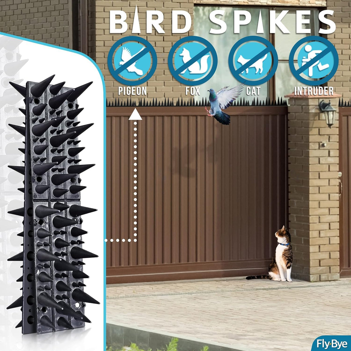 Fly-Bye spikes aligned along ledge prevent roosting and nesting.