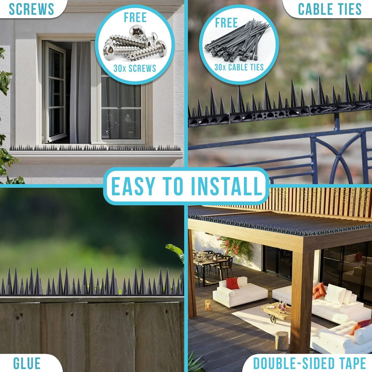Fly-Bye spikes in UV-resistant polycarbonate withstand rain and sun.
