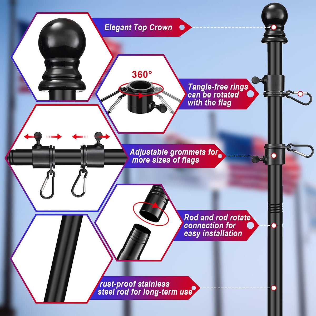 FLY HAWK heavy-duty flag pole withstands harsh weather outdoors.